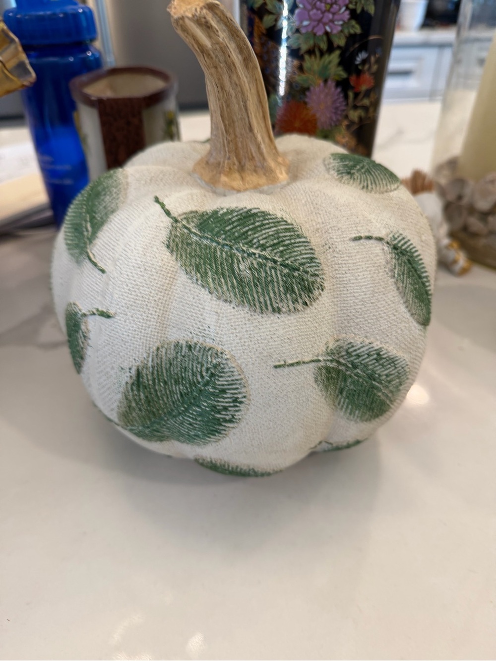 Plastic off white  Pumpkin with Green Leaf Print